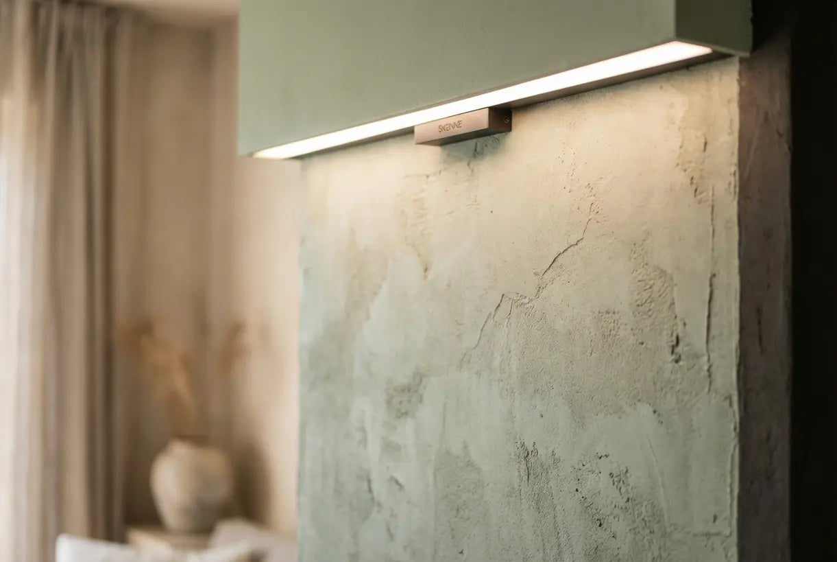 Wallwasher werpt een zachte sfeergloed op een muur met textuur