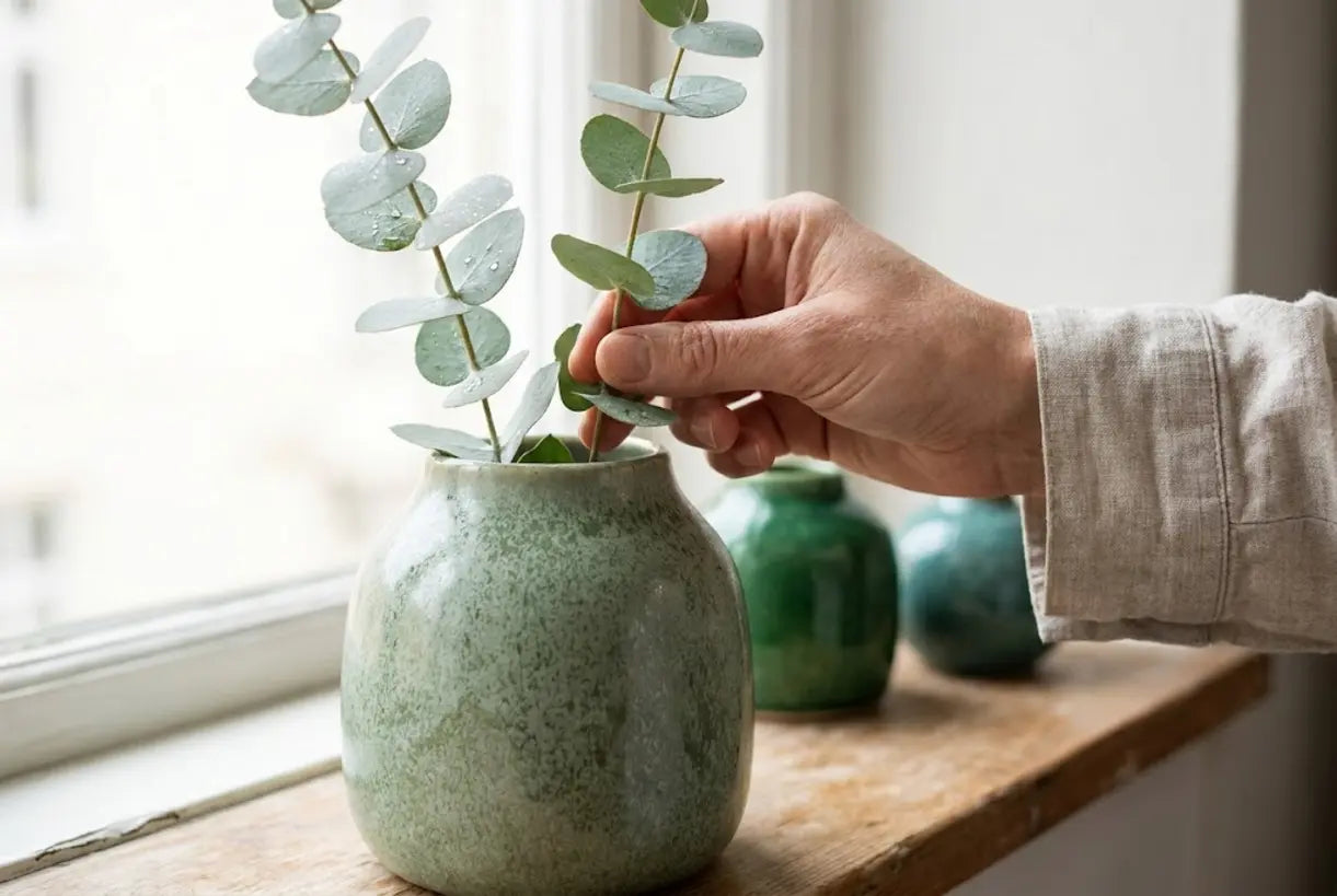 Handen rangschikken eucalyptusstelen in een saliegroene keramische bloemenvaas voor natuur-geïnspireerde interieurdecoratie