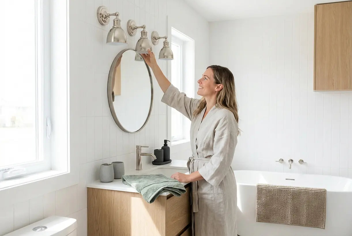 Scandinavian bathroom featuring polished nickel vanity lighting with white walls and natural light