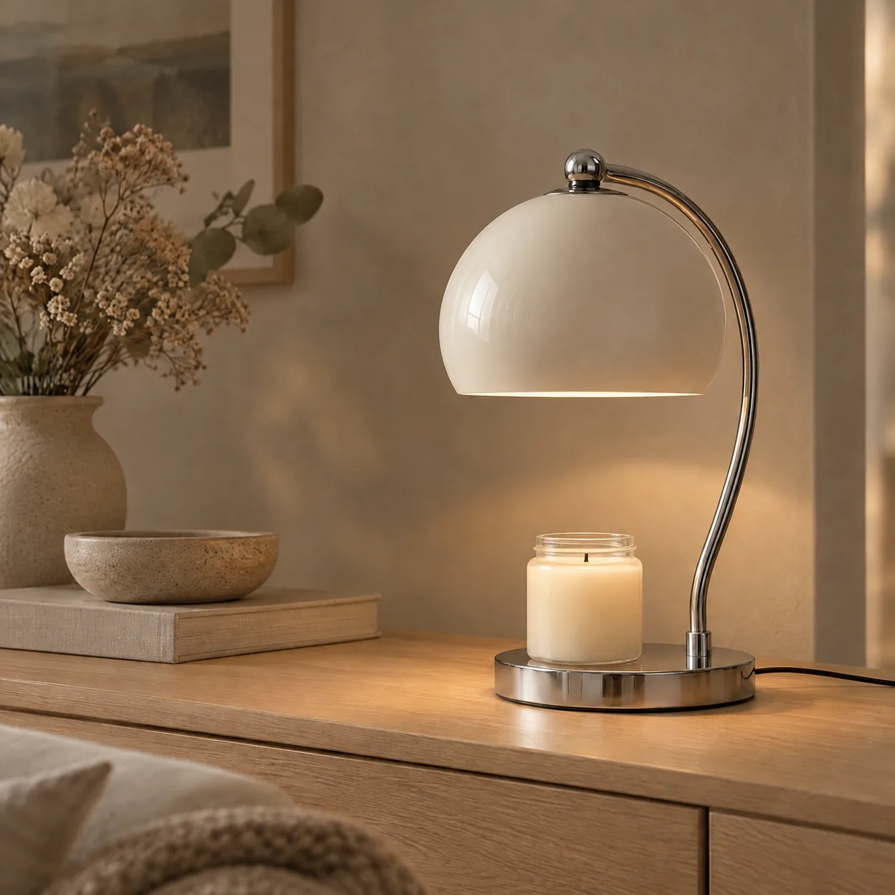 Glödra Stainless Steel Candle Warmer Table Lamp, styled in a Scandinavian interior