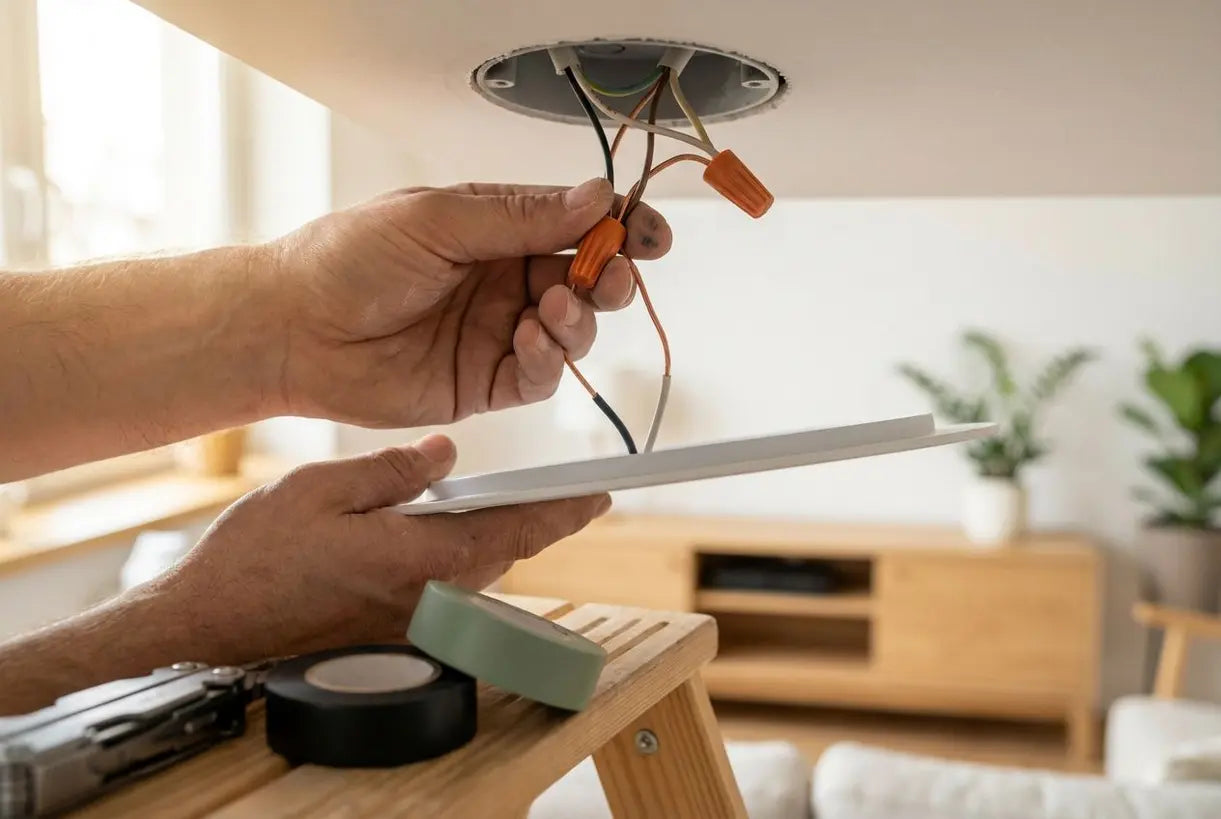 Handen die draden aansluiten tijdens LED-plafondlamp installatie doe-het-zelf project