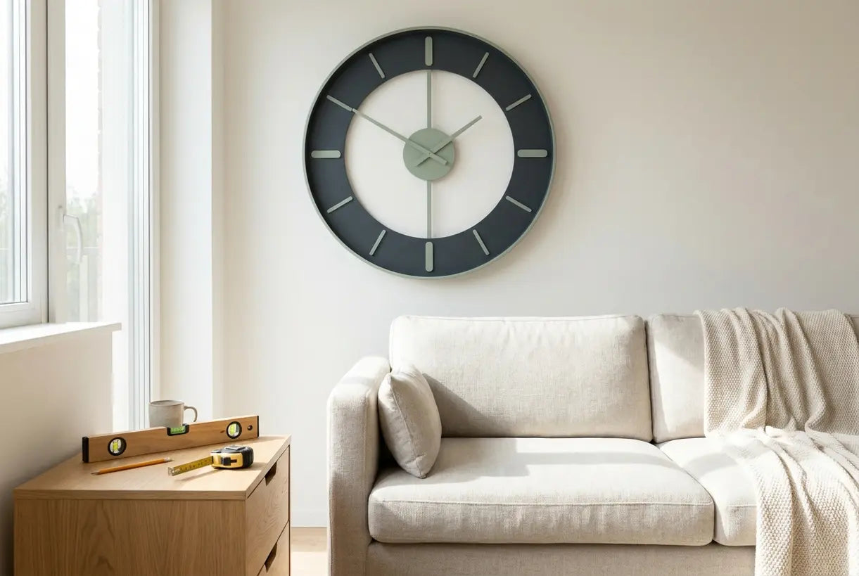 Skandinavisches Wohnzimmer mit perfekt montierter Wanduhr über dem Sofa in idealer Sichthöhe