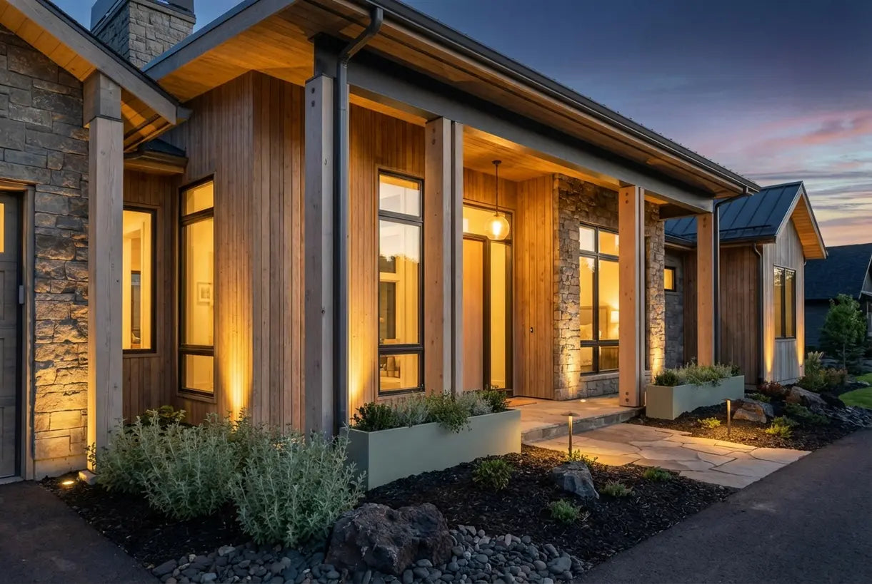 Moderne Scandinavische huisgevel in de schemering met buitenmuurverlichting die architectonische kenmerken verlicht