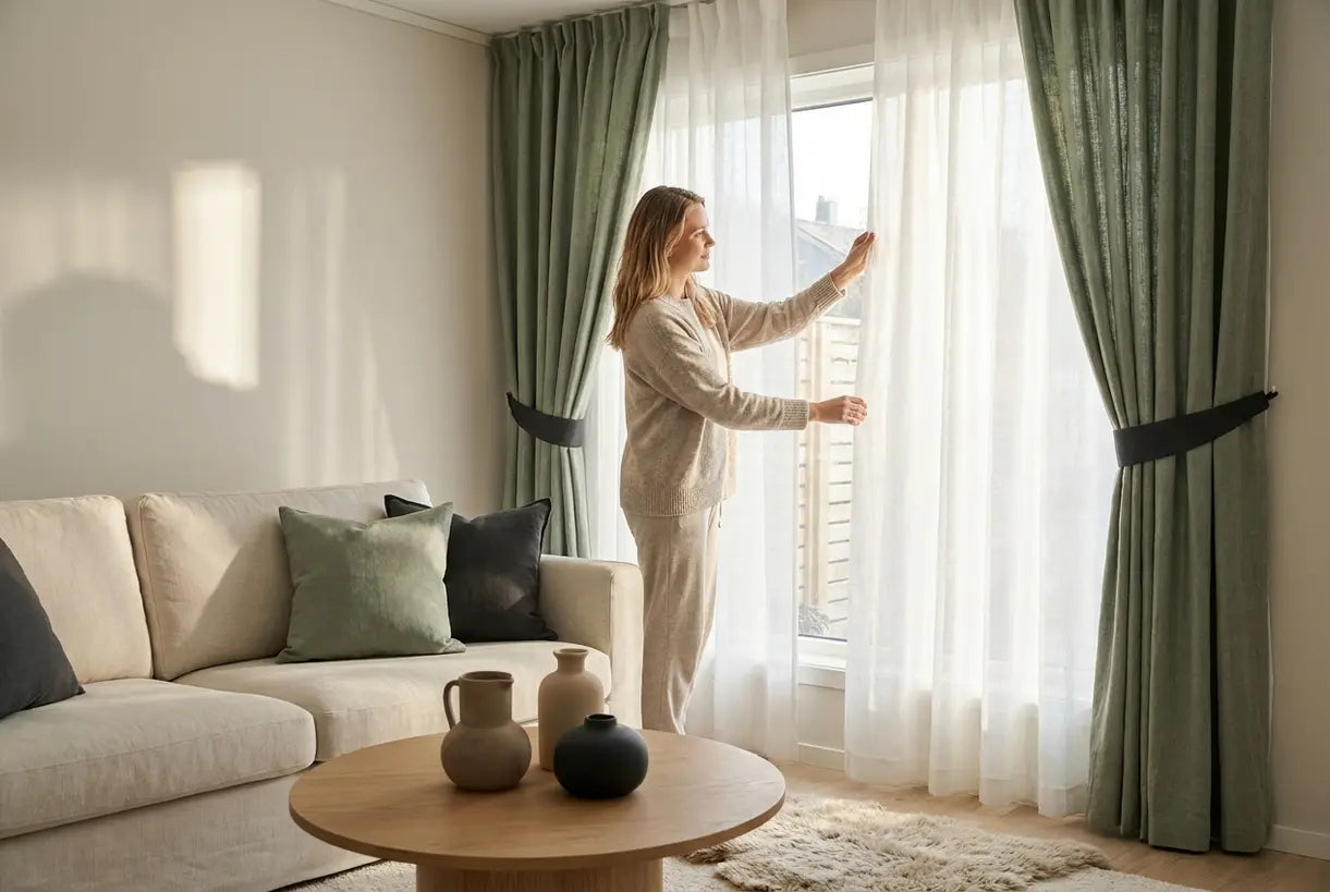 Scandinavian living room with layered curtains and drapes, homeowner adjusting interior design window treatments