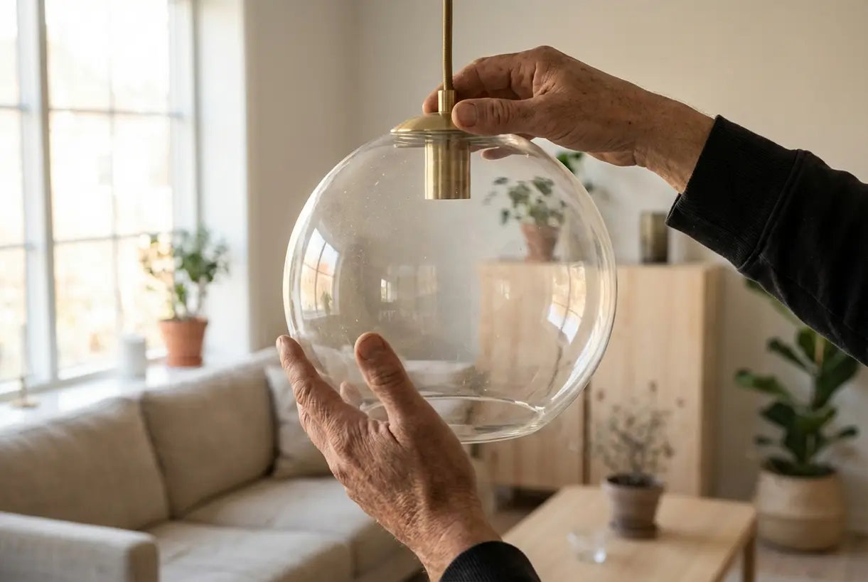 Close-up of hands adjusting a glass globe chandelier shade in warm natural light