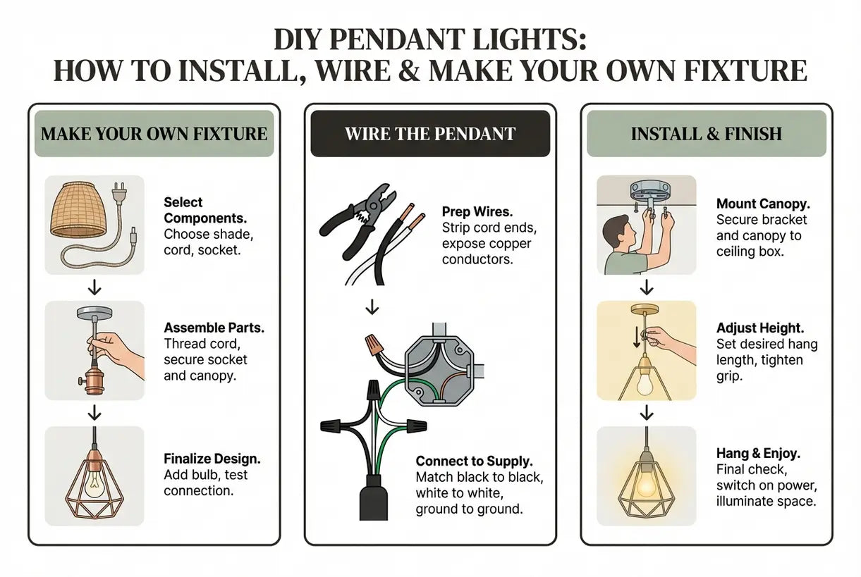 DIY Pendelarmaturen: Hoe te installeren, bedraden en je eigen armatuur te maken - infographic