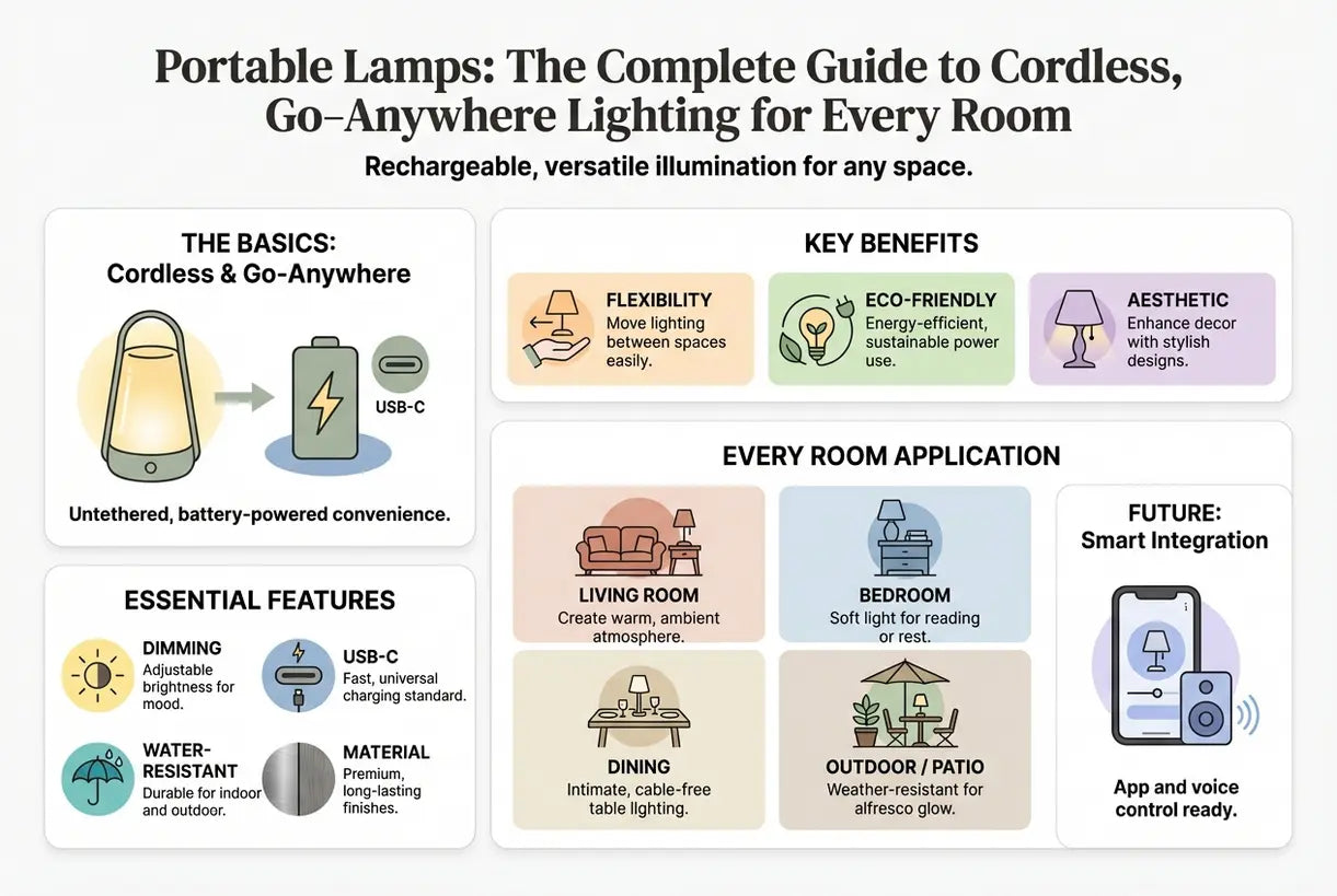 Draagbare lampen: De complete gids voor draadloze, overal mee naartoe te nemen verlichting voor elke kamer - infographic