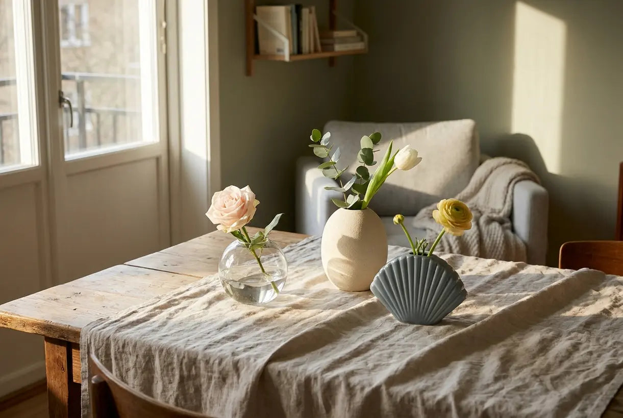 Scandinavische tafelstyling met drie kleine bloemenvaasarrangementen in natuurlijk licht