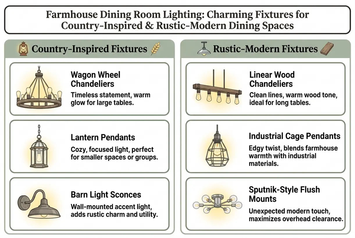 Farmhouse Dining Room Lighting: Charming Fixtures for Country-Inspired & Rustic-Modern Dining Spaces - infographic