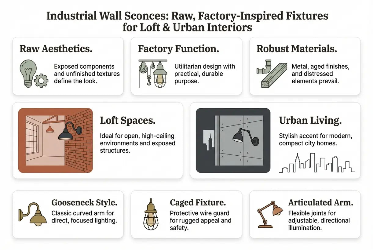 Industriële wandlampen: Ruwe, fabrieksinspiratie armaturen voor loft & stedelijke interieurs - infographic