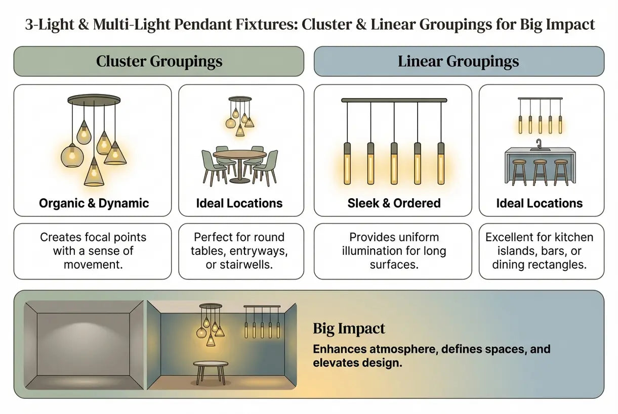 Hanglampen met 3 of meer lichtpunten: clusters en lineaire opstellingen met grote impact - infographic