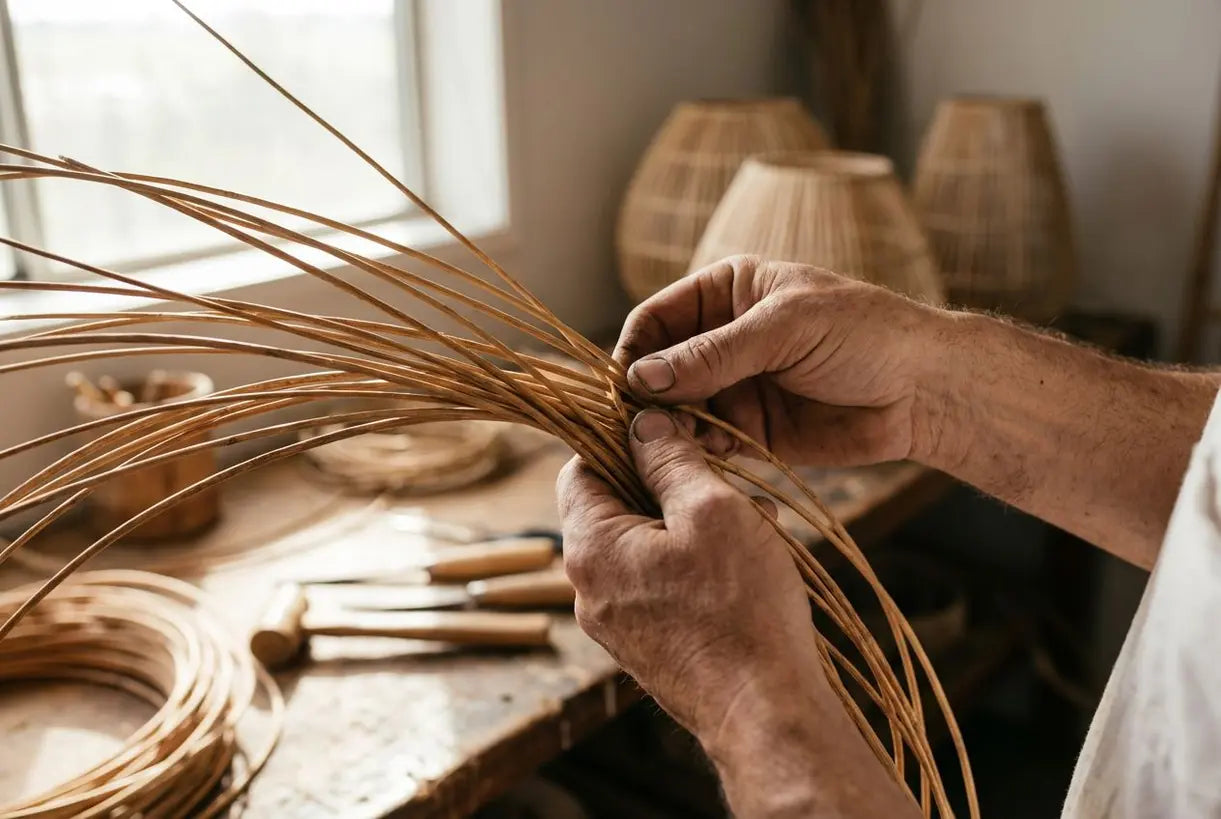 Ambachtsman vlecht met de hand een rotan lampenkap voor een hanglamp, natuurlijk vakmanschap in detail