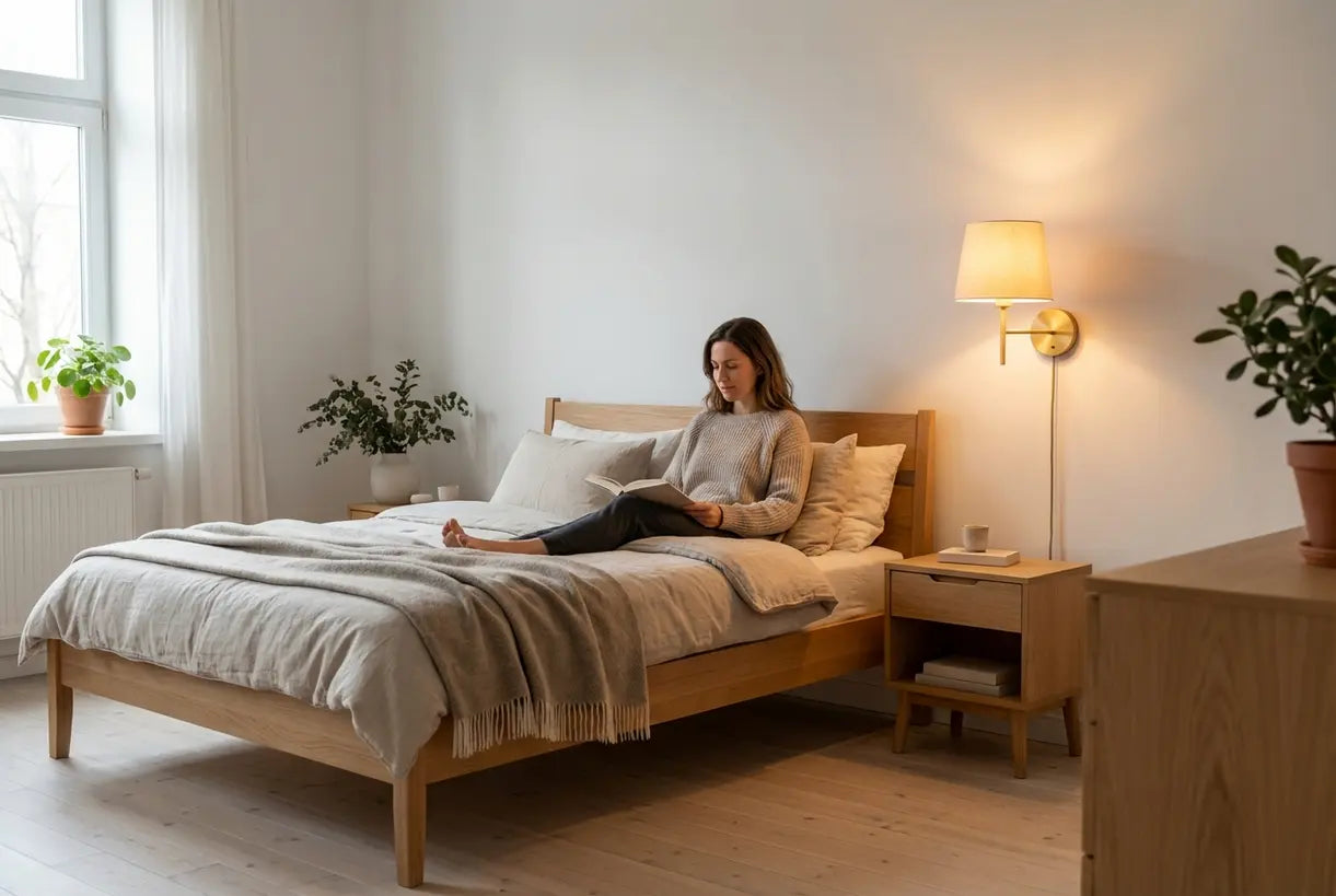 Scandinavische slaapkamer met wandlamp op de juiste hoogte naast het bed gemonteerd