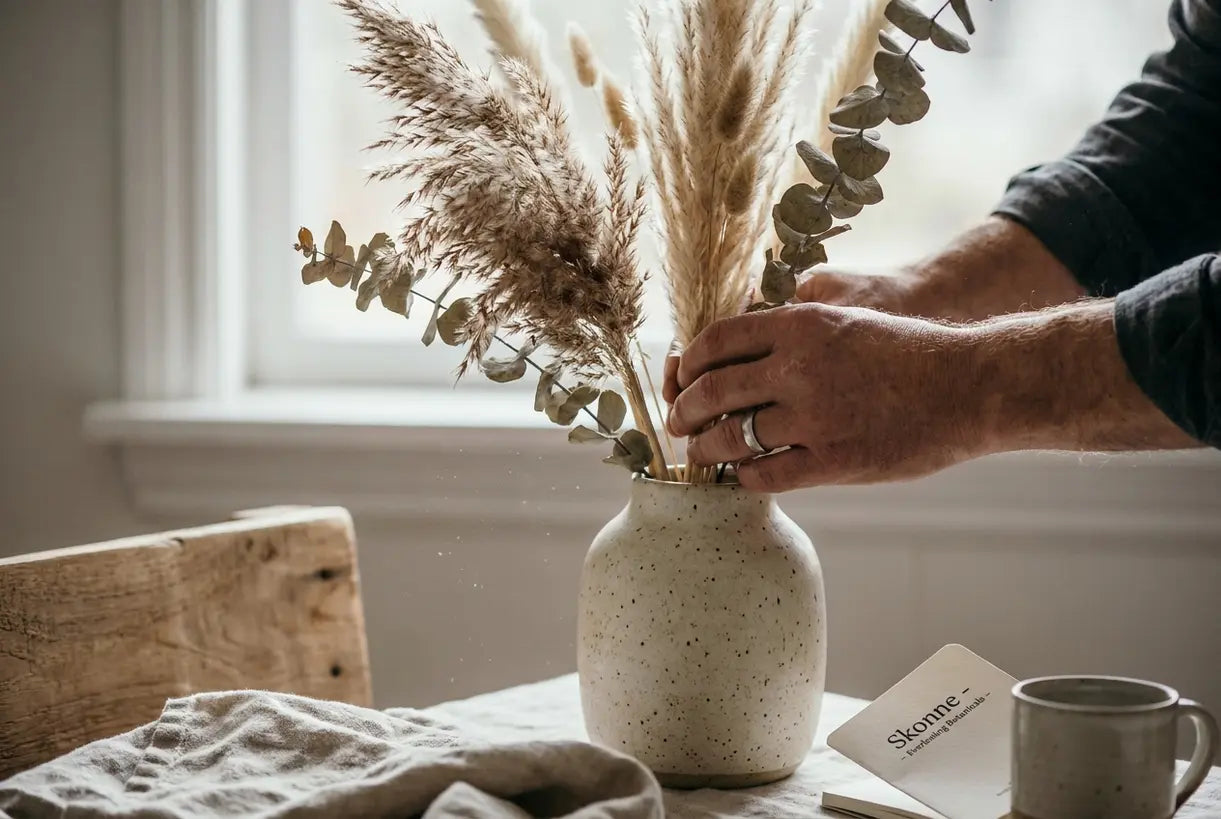 Hands arranging dried pampas grass and eucalyptus stems in a rustic ceramic vase for Scandinavian home decor