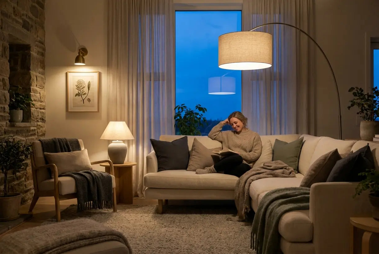 Scandinavian living room with layered lighting showing floor lamp, table lamp and wall sconce creating warm hygge atmosphere