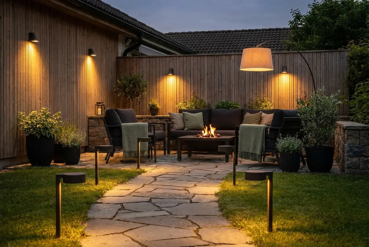 Scandinavische tuinpatiot met gelaagde buitenverlichting 's nachts