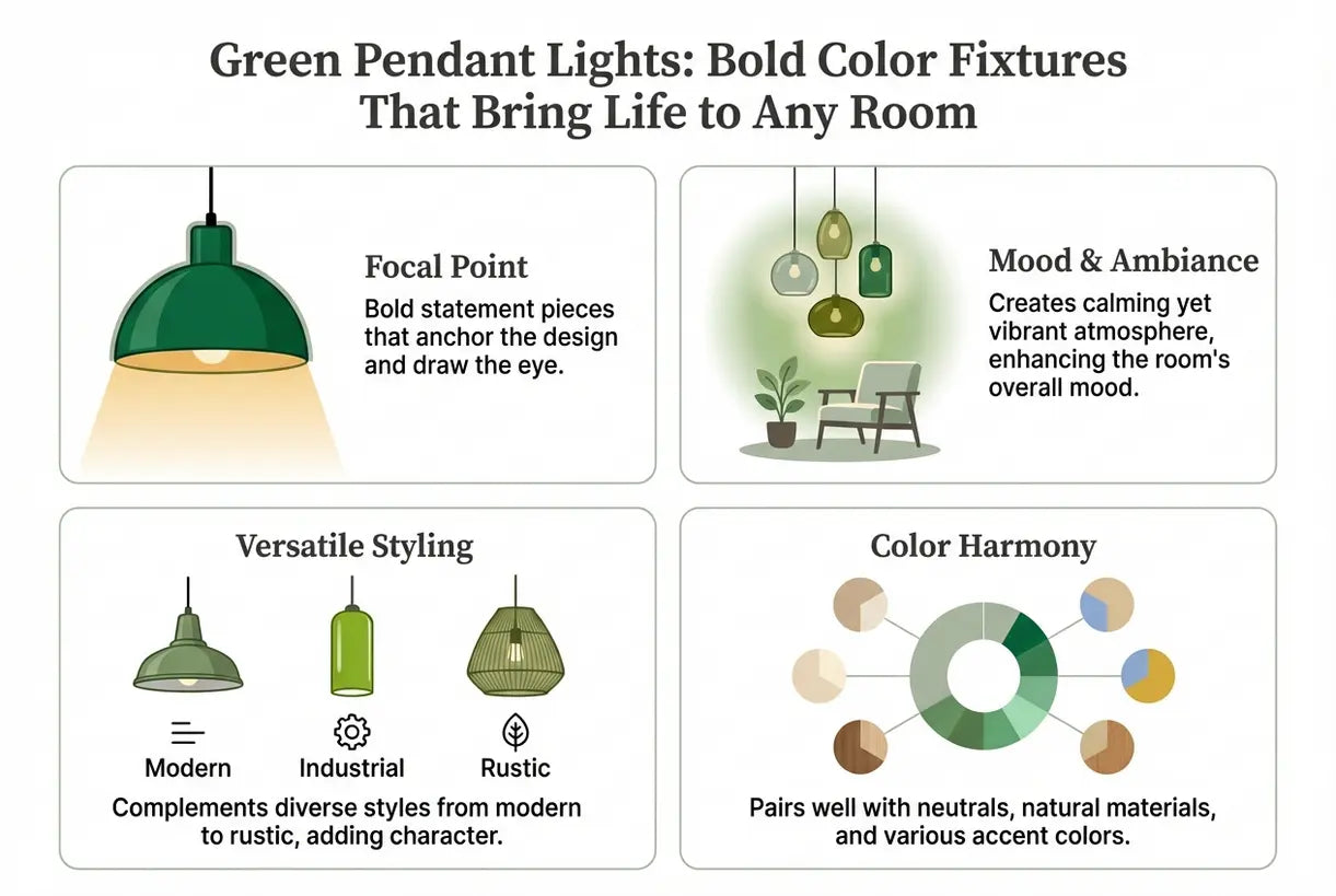 Groene hanglampen: gedurfde kleurenarmaturen die leven in elke kamer brengen - infographic