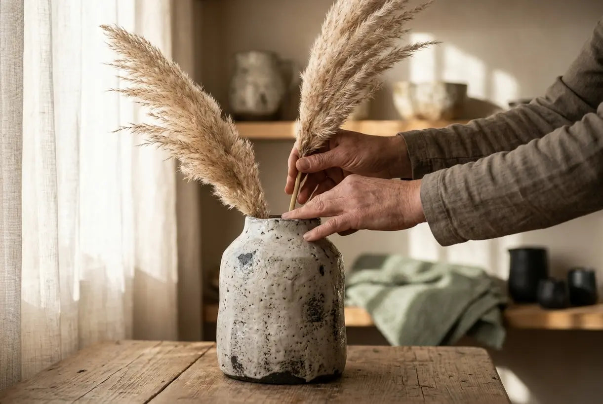 Handen die gedroogde stengels schikken in een sculpturale moderne keramische vaas met zachte natuurlijke verlichting