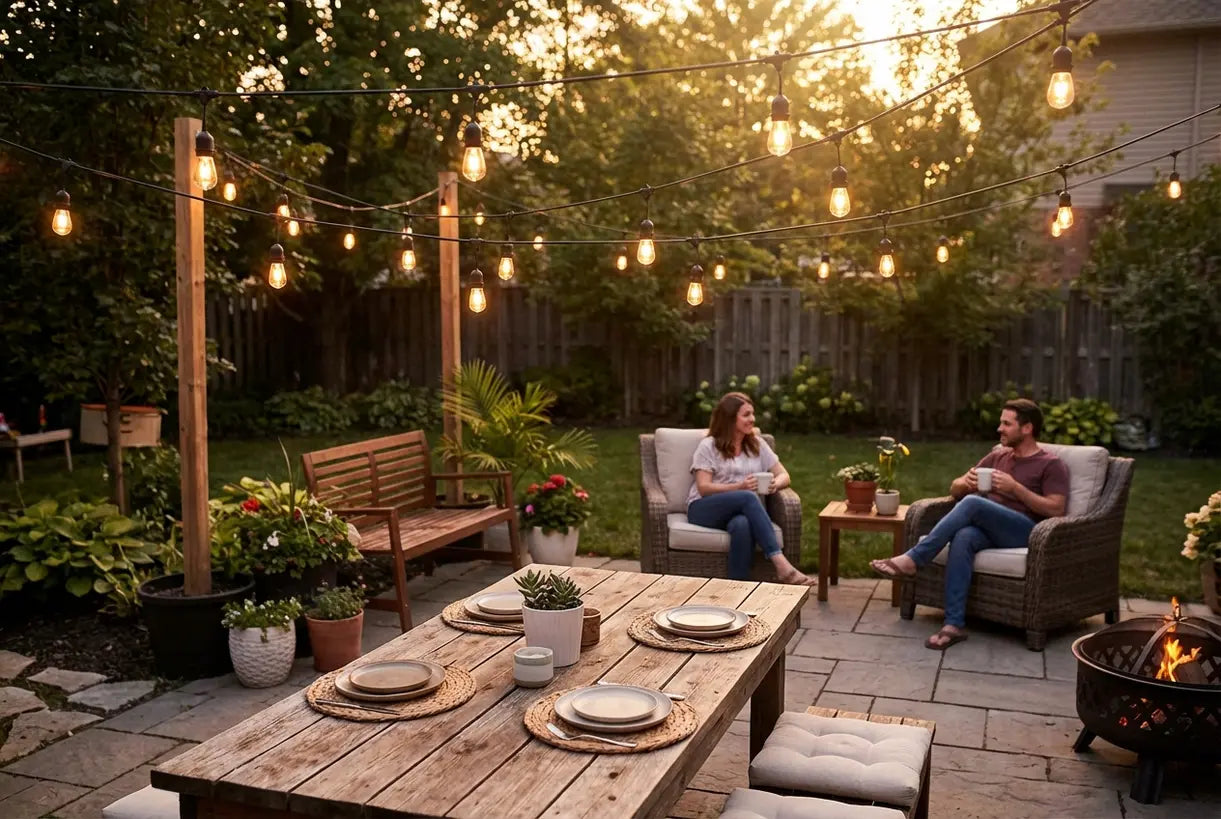 Patio dining area lit by warm Edison string lights at dusk