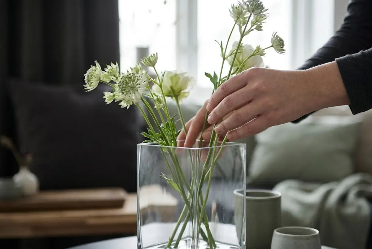 Handen schikken verse bloemen in een vierkante glazen vaas met geometrisch hoekig ontwerp