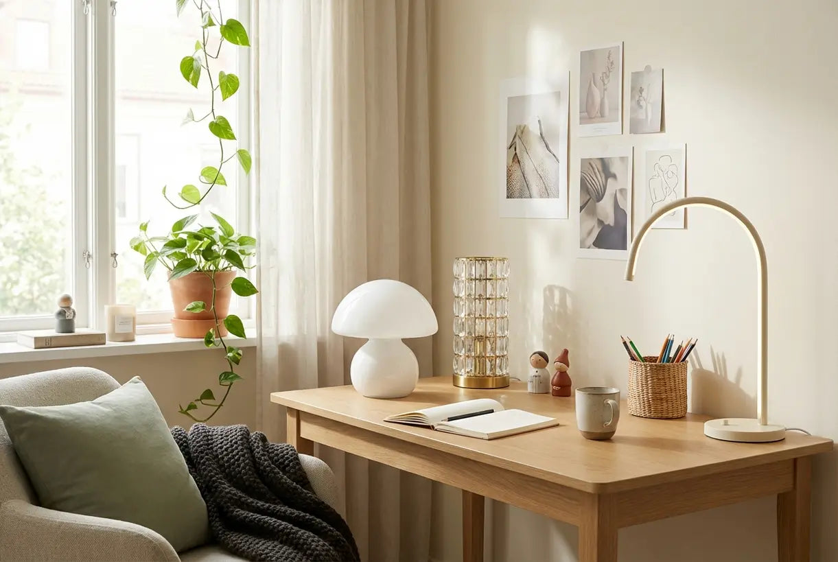 Esthetische creatieve werkplek met leuke bureaulamp collectie in Scandinavische slaapkamer