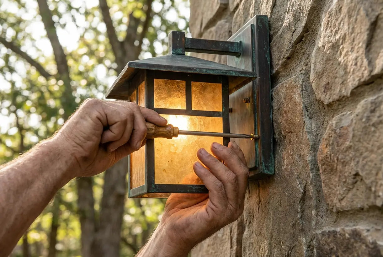 Montage van een buitenwandlamp in craftsmanstijl met messing beslag en natuursteentextuur