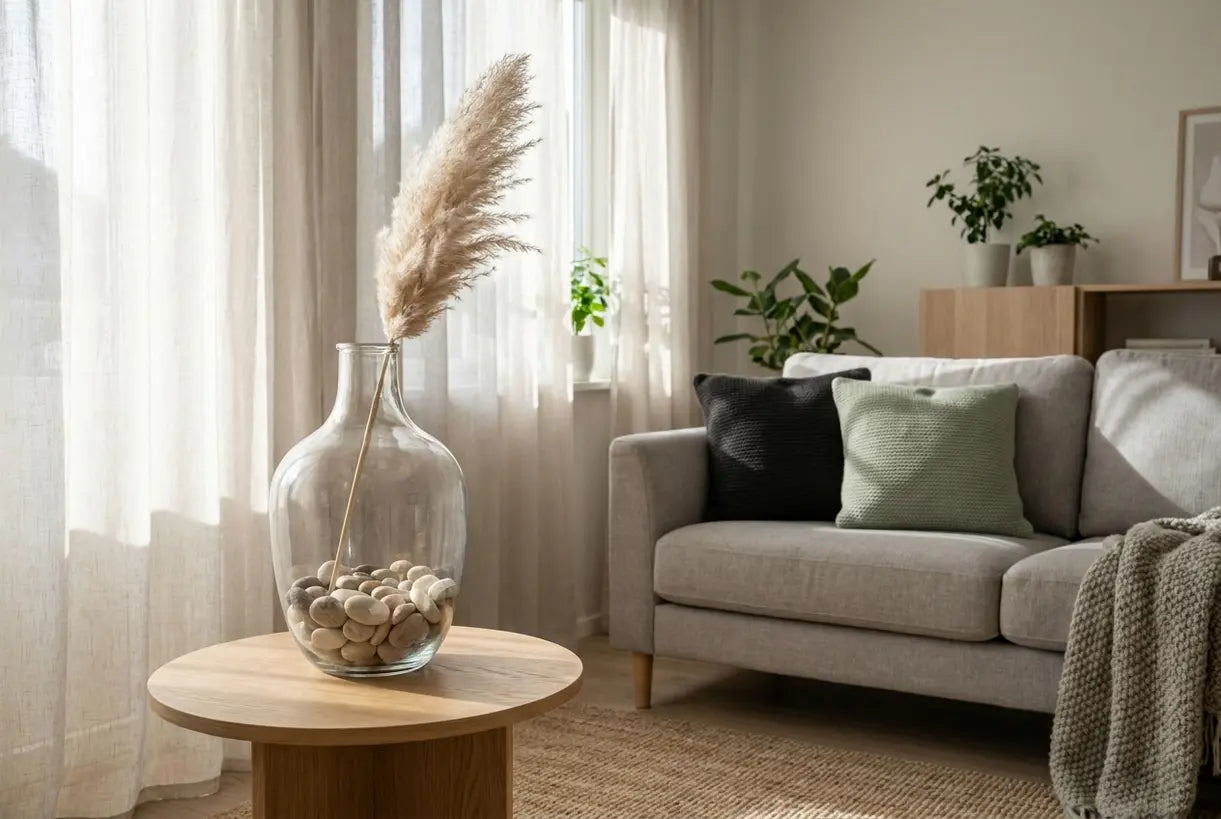 Skandinavisches Wohnzimmer mit Vase, dekorativen Steinen, getrockneten Pflanzen, Hygge-Dekor