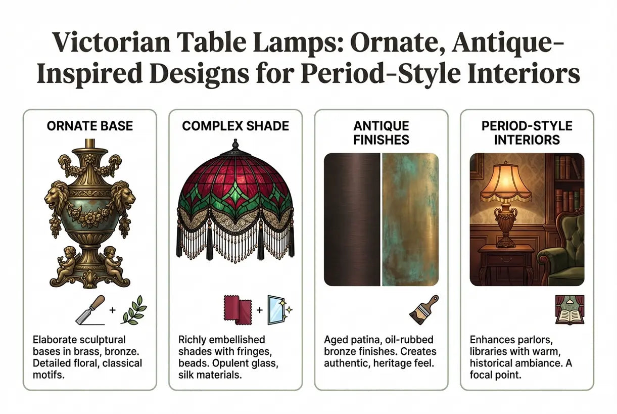 Victoriaanse tafellampen: sierlijke, antiek-geïnspireerde ontwerpen voor interieurs in periodestijl - infographic