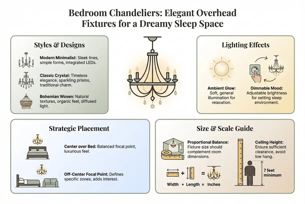 Slaapkamer Kroonluchters: Elegante Plafondarmaturen voor een Droomachtige Slaapruimte - infographic