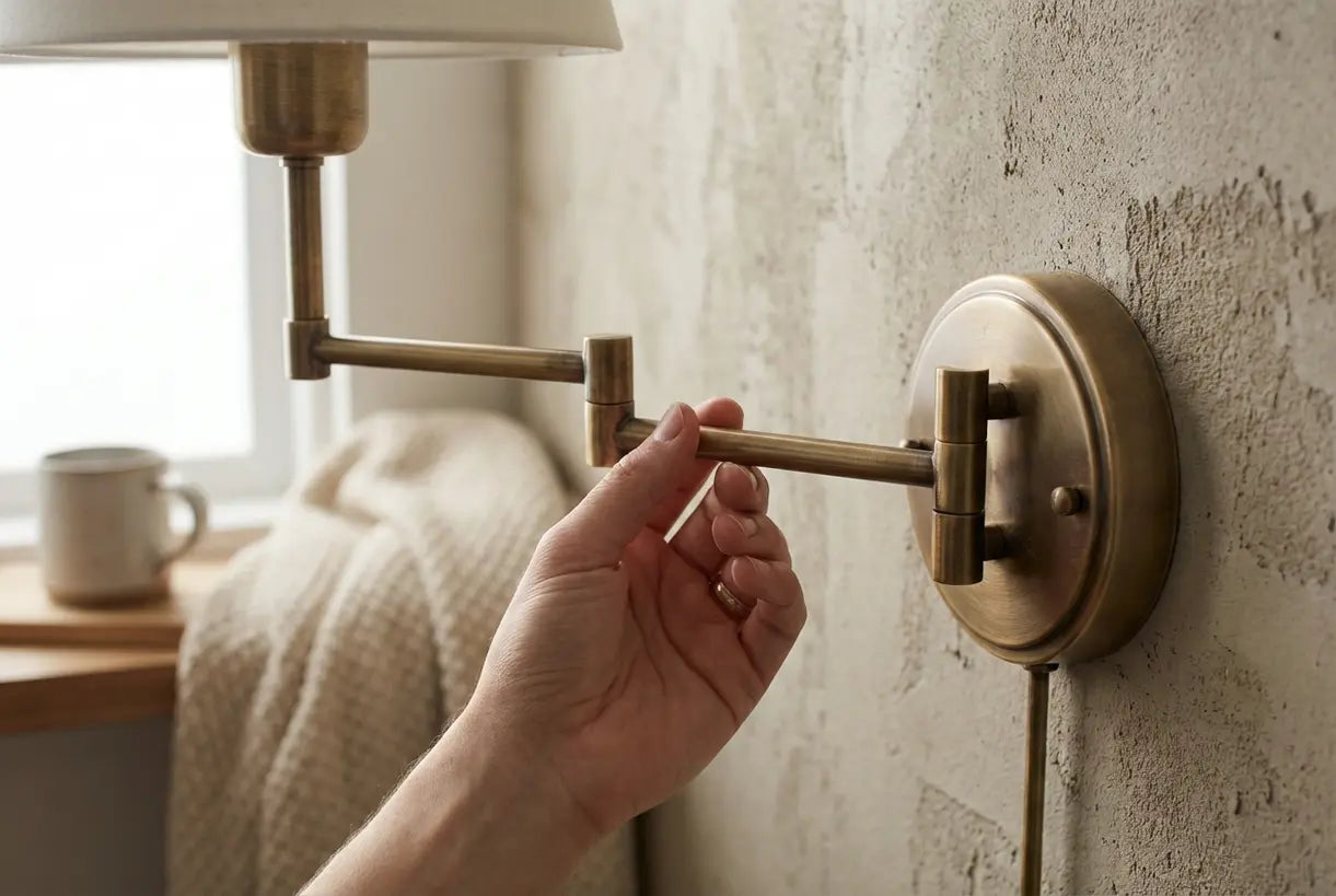 Hand die messing wandlamp armatuur aanpast in Scandinavische interieurverlichting opstelling