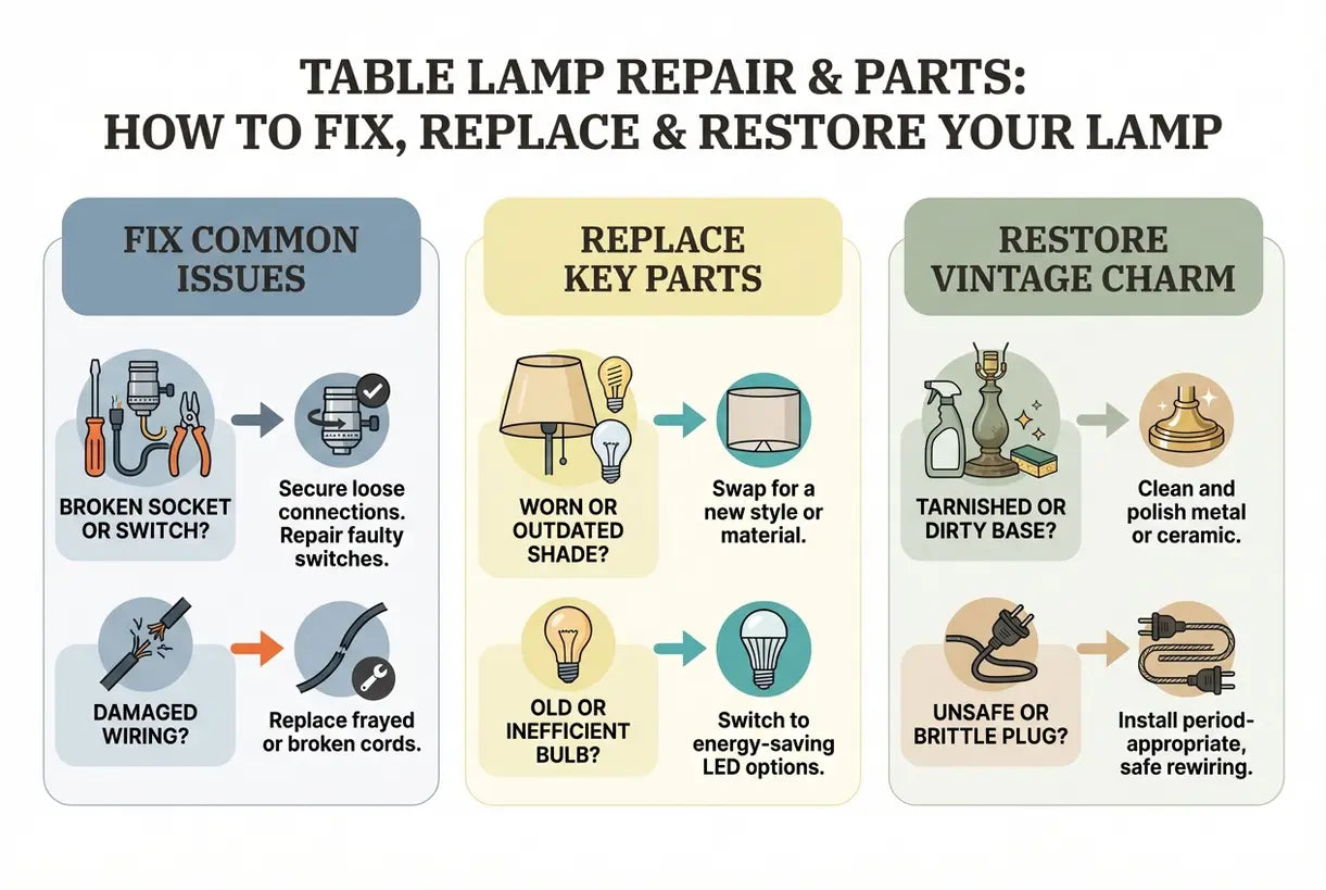Tafellampreparatie & Onderdelen: Hoe je je lamp repareert, vervangt & restaureert - infographic
