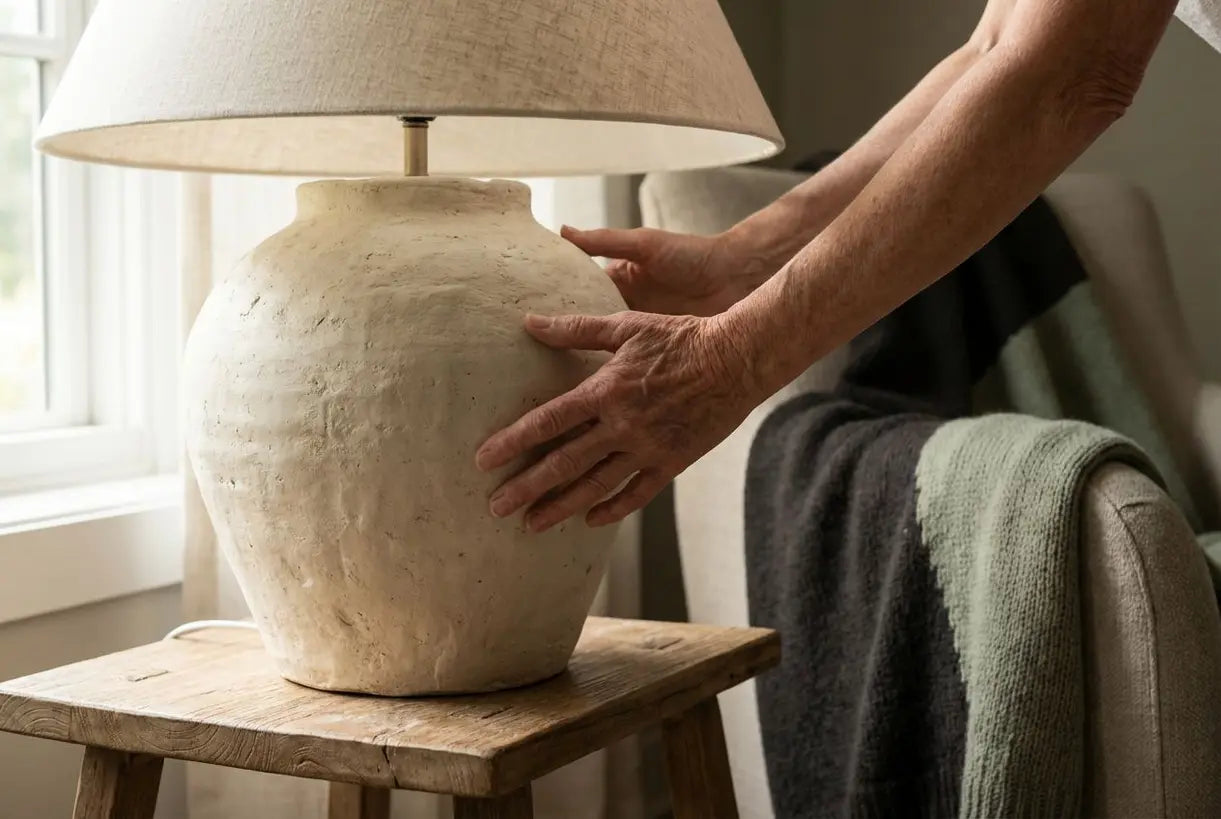 Handen die een grote sculpturale tafellampvoet aanpassen in een Scandinavisch ingericht interieur