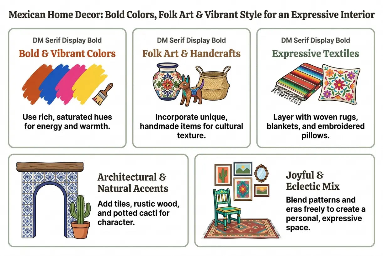 Mexican Home Decor: Bold Colors, Folk Art & Vibrant Style for an Expressive Interior - infographic