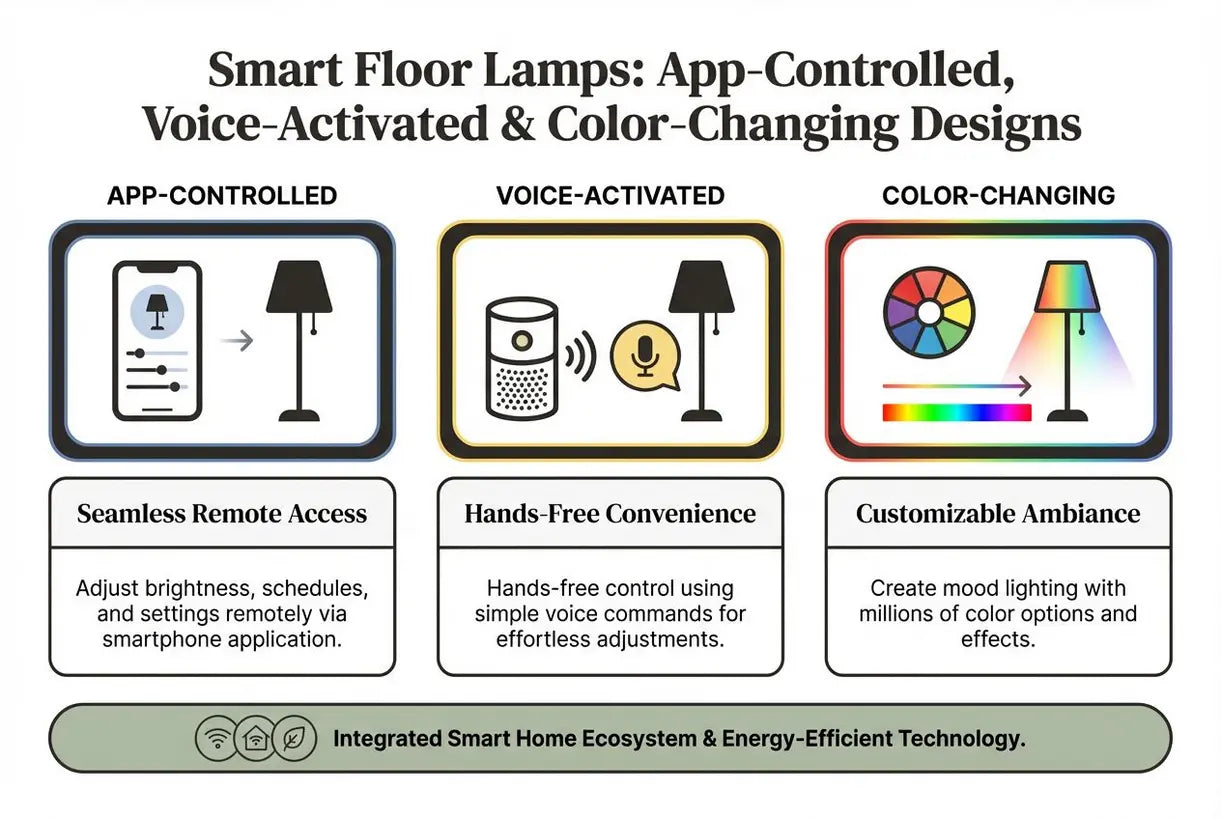 Slimme vloerlampen: ontwerpen met app-bediening, spraakbesturing en wisselende kleuren - infographic