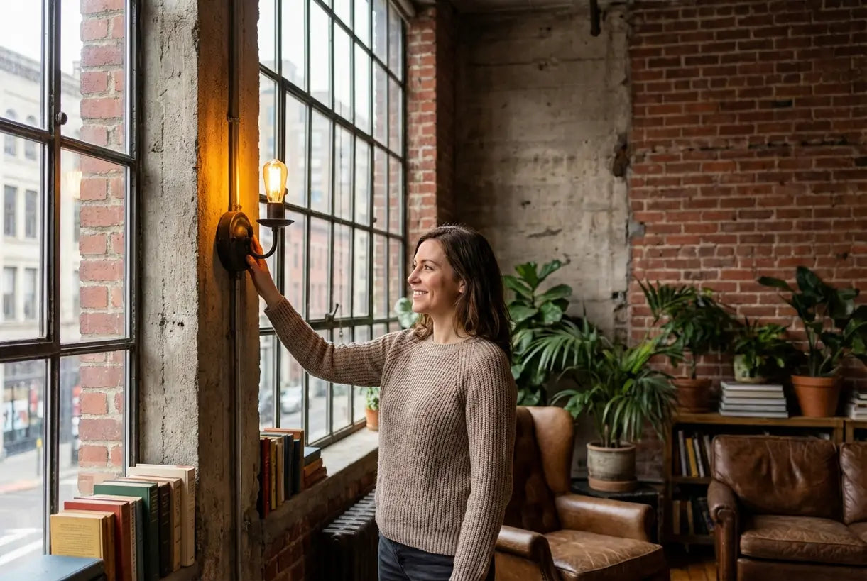 Industrieel loftinterieur met ijzeren wandlampen en zichtbare baksteen