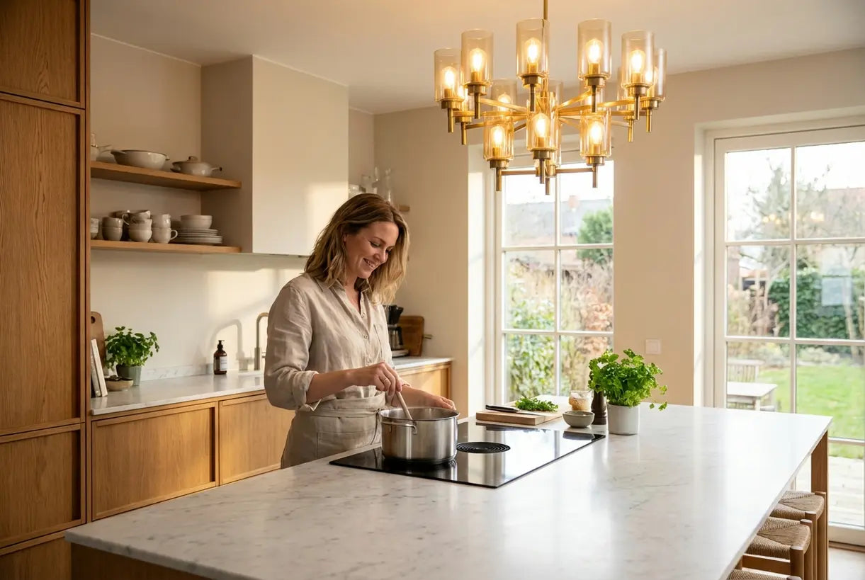 Woman cooking in contemporary kitchen with stunning glass chandelier over marble island