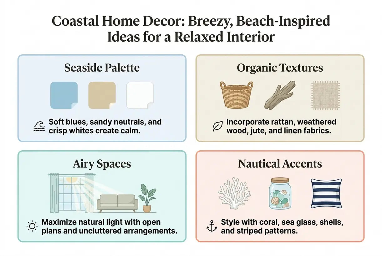Coastal Home Decor: Breezy, Beach-Inspired Ideas for a Relaxed Interior - infographic