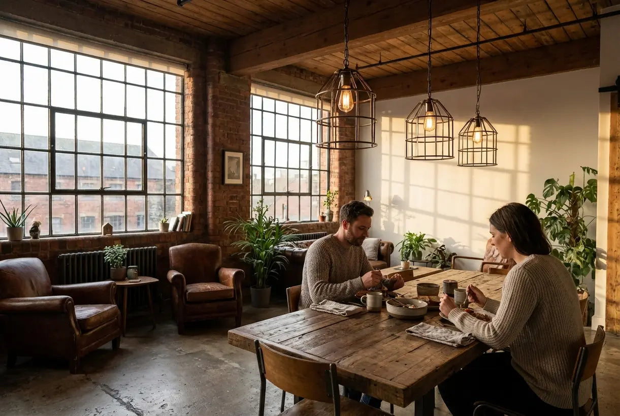 Industriële loft eetkamer met kooihanglampen boven houten tafel