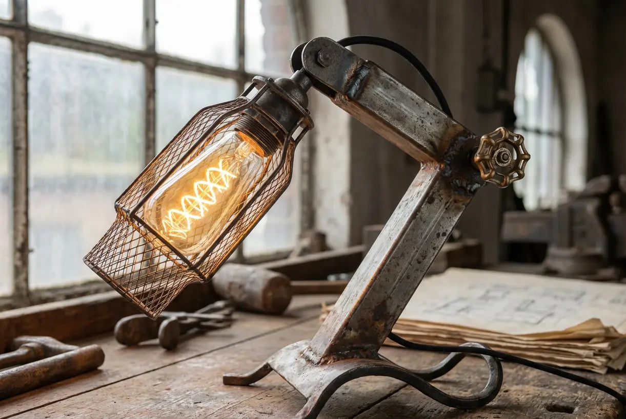Industriële bureaulamp met zichtbare Edisonlamp en verweerde metalen afwerking in loft werkruimte