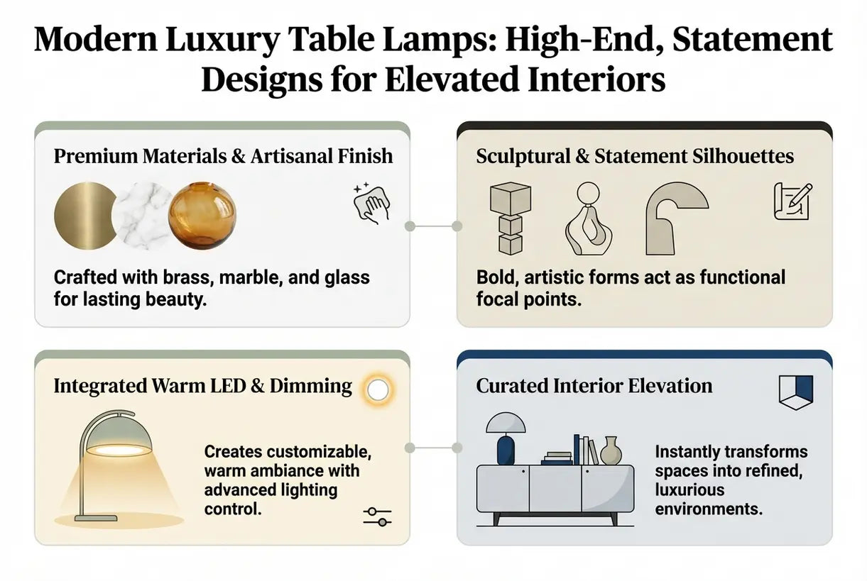 Moderne luxe tafellampen: exclusieve ontwerpen met karakter voor een verfijnd interieur - infographic