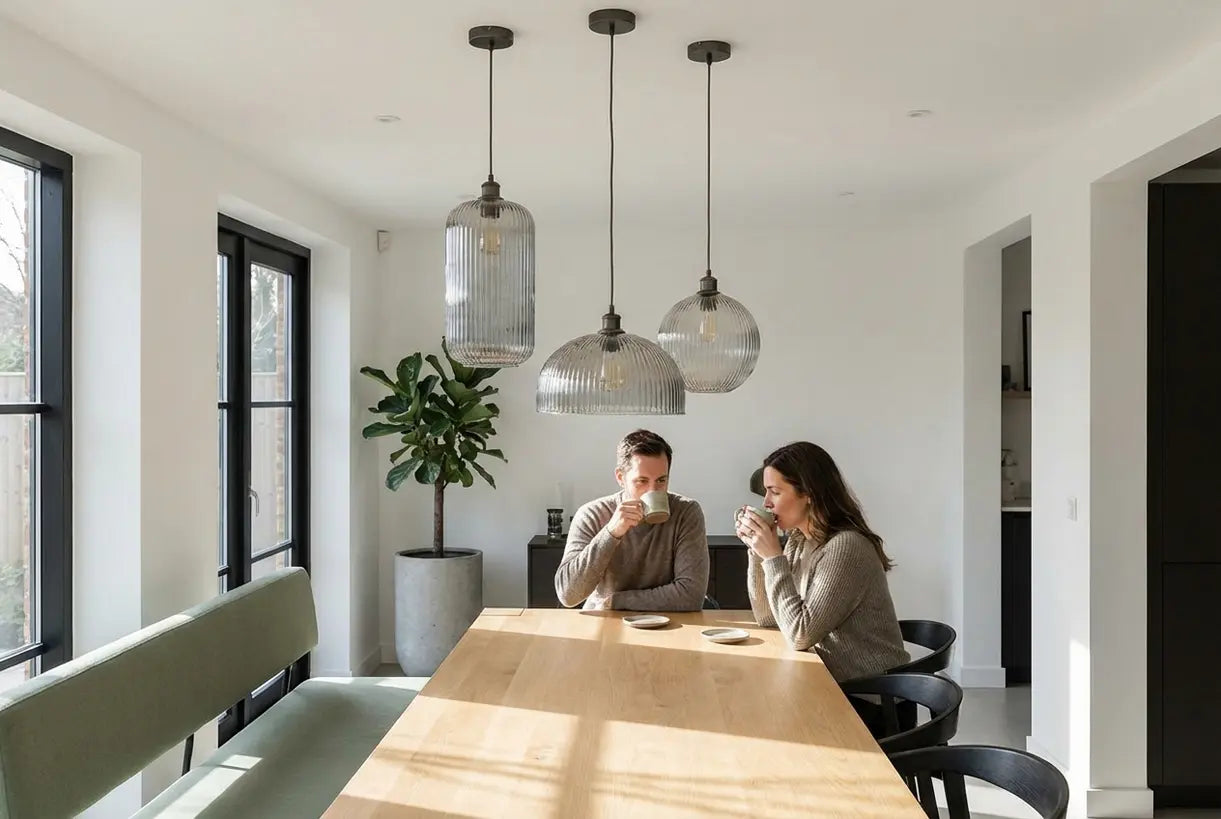 Moderne eetkamer met geribbelde, gegroefde en geruite glazen hanglampen boven Scandinavische eettafel