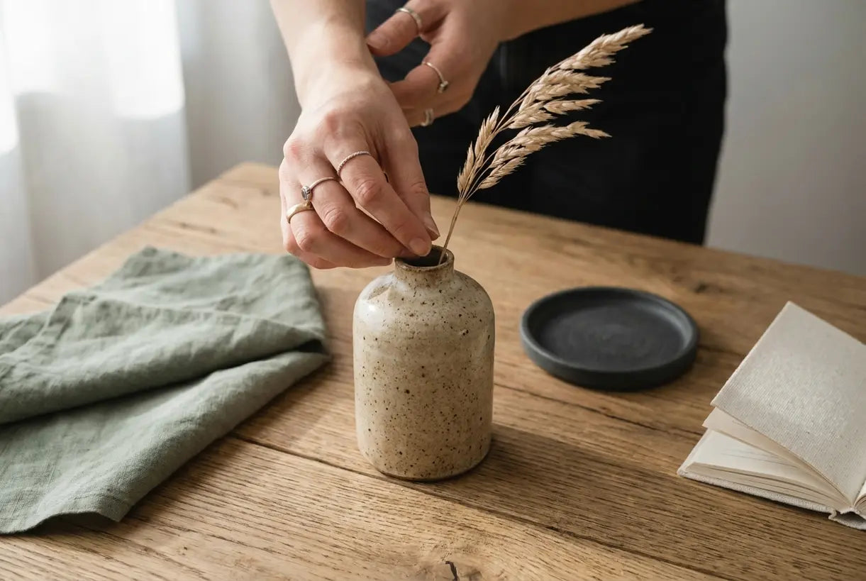 Hands styling dried botanicals in handmade ceramic vase on oak surface, minimalist home decor styling