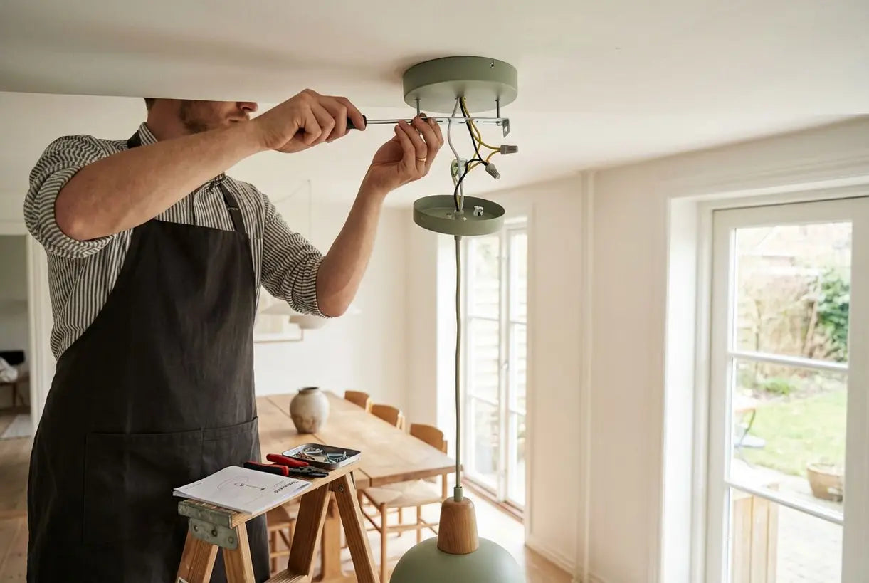 Installatie van hanglamp met plafonddraden en kap in Scandinavische eetkamer