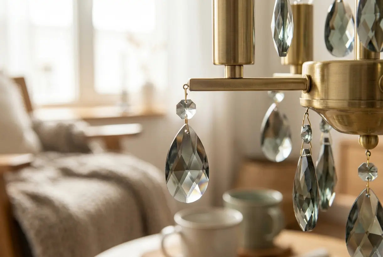 Mini chandelier crystal detail showing delicate craftsmanship and warm light reflection