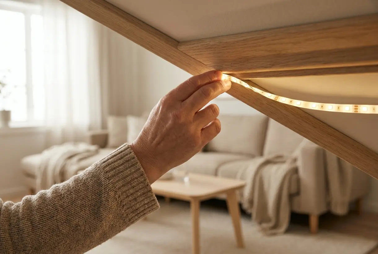 Hands installing LED strip lighting in living room ceiling cove for ambient lighting