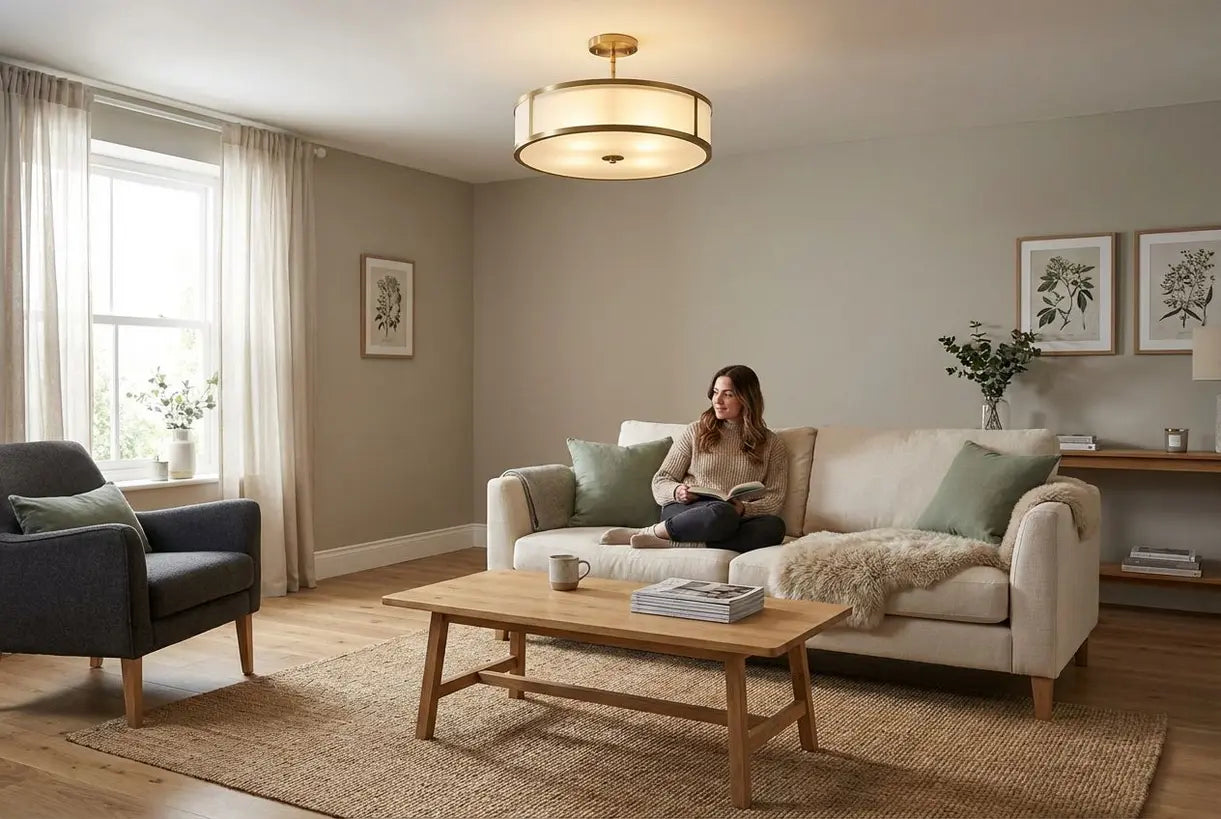 Scandinavische woonkamer met semi-opbouw plafondlamp die een gezellige leeshoek verlicht