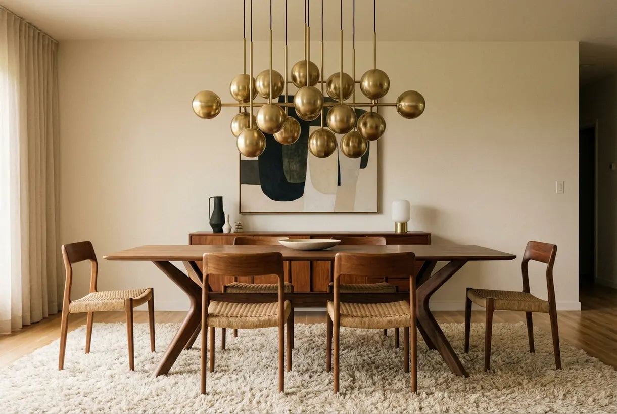Dining room with brushed brass cluster pendant light