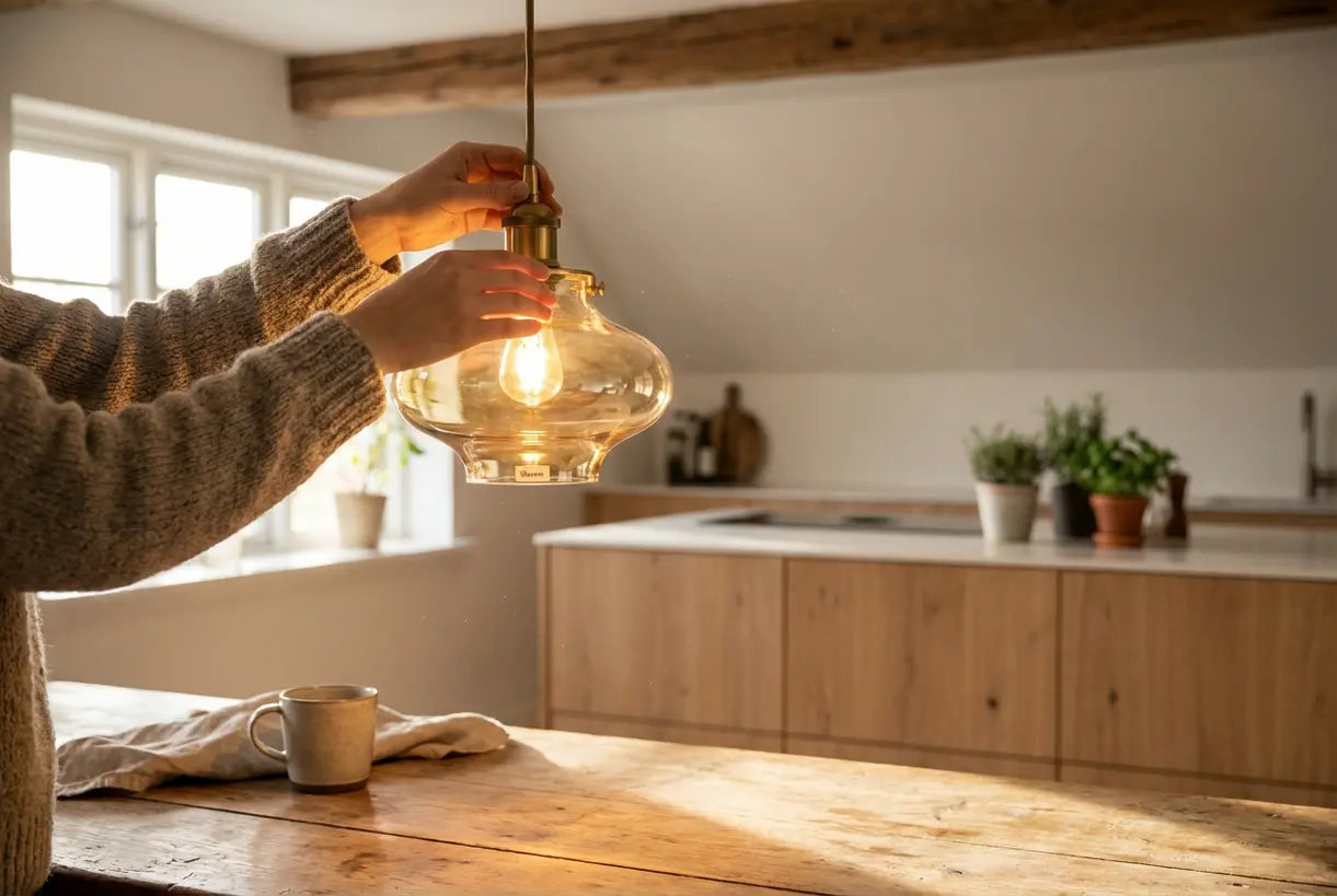 Close-up van handen die een moderne glazen hanglamp aanpassen in een Scandinavische keuken