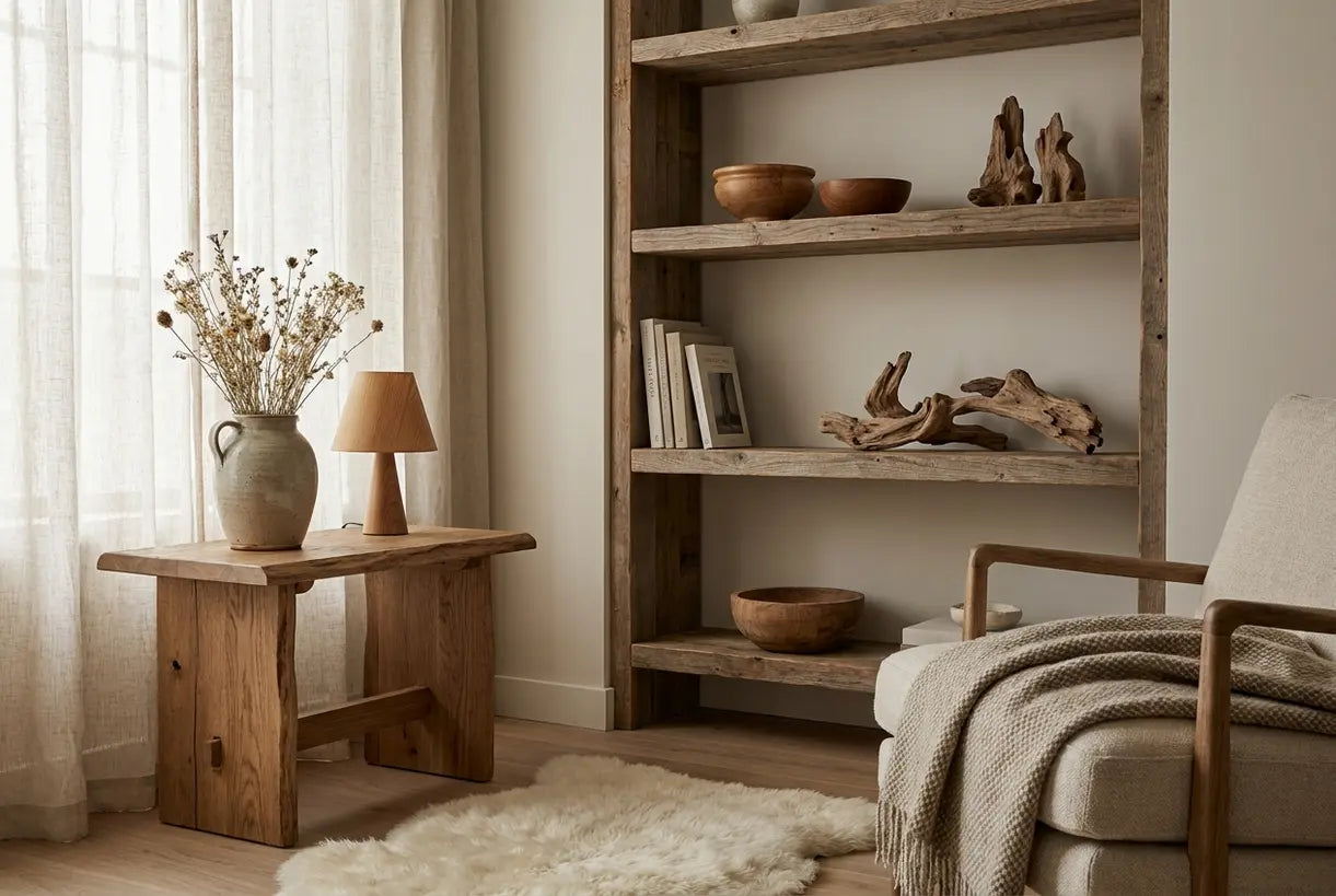 Scandinavian living room styled with natural wood pieces and organic home decor