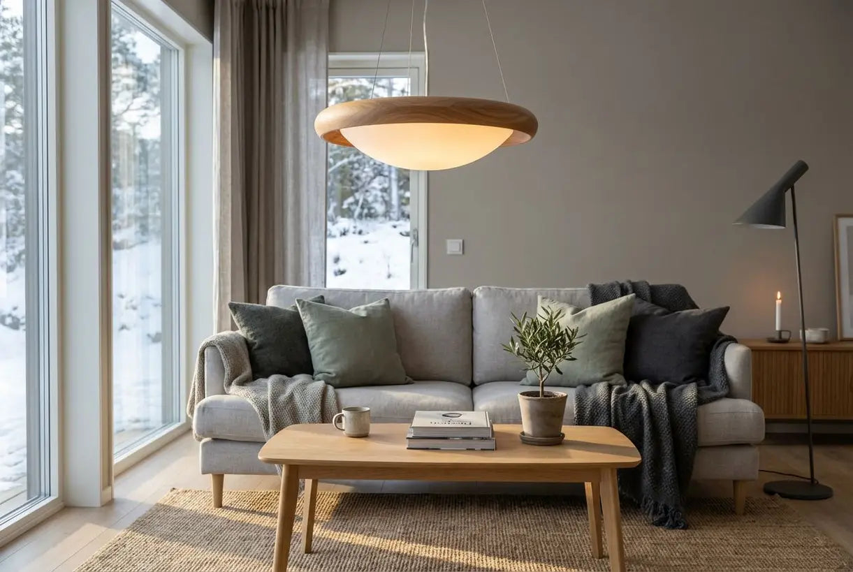 Scandinavische woonkamer met moderne LED plafondlamp en hygge-sfeer